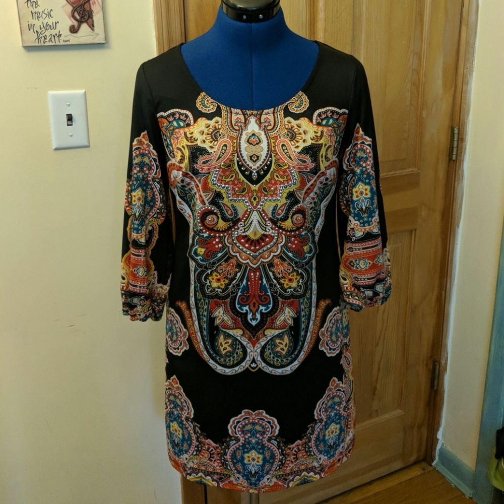 INC Black Sheath Dress w/Multicolor Pattern